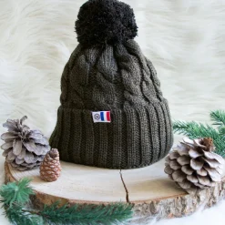Store Bonnet pompon laine kaki noir Femme Bonnets|Bonnets