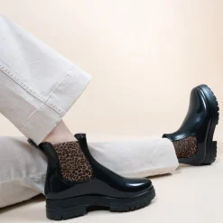 Best Sale Bottines de pluie crantées noir léopard Femme Bottines & Bottes