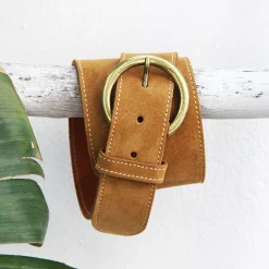 Outlet Ceinture bohème cuir daim camel Femme Ceintures