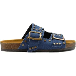 Cheap Mules liège clous toile jean bleu Femme Sandales