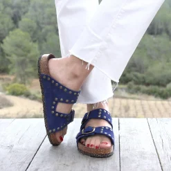 Best Sale Mules liège cloutées cuir daim bleu Femme Sandales