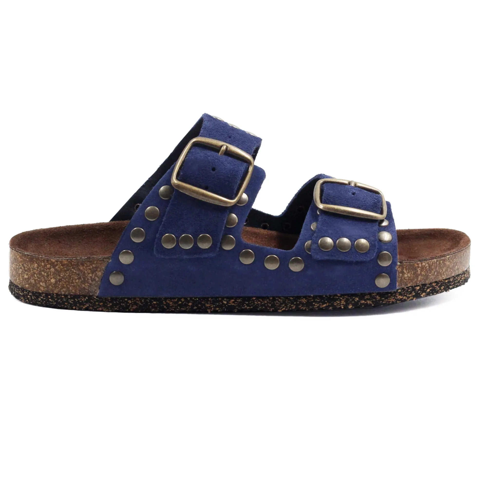 Best Sale Mules liège cloutées cuir daim bleu Femme Sandales