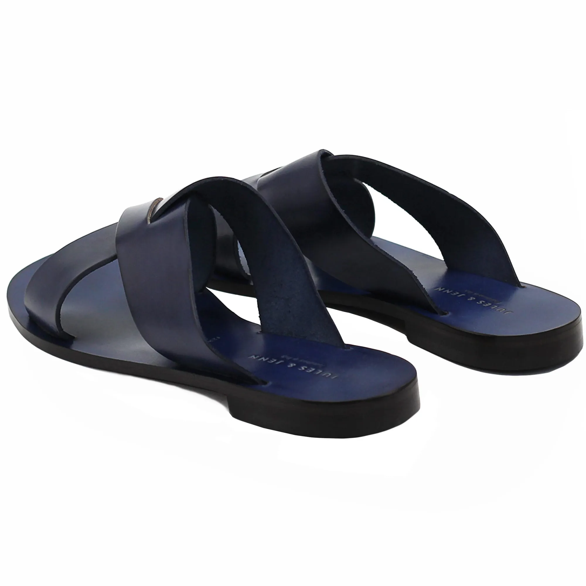 Sale Mules plates cuir bleu Femme Sandales