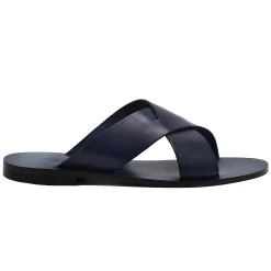 Sale Mules plates cuir bleu Femme Sandales