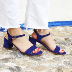 Online Sandales moyen talon cuir daim bleu Femme Sandales