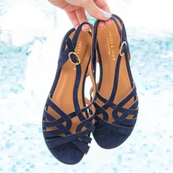 New Sandales plates brides cuir daim bleu Femme Sandales