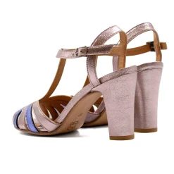 New Sandales talon brides cuir argenté bleu Femme Sandales