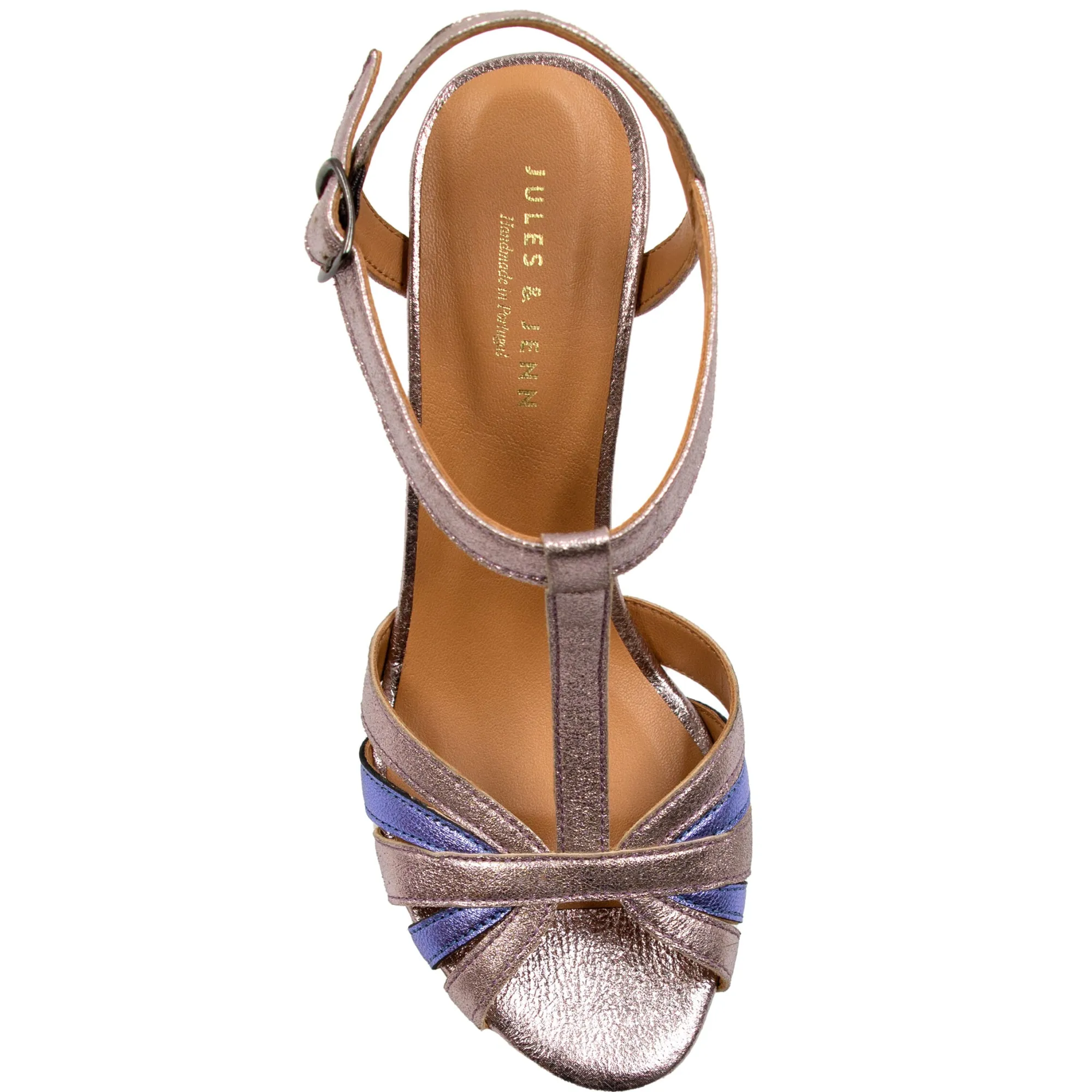 New Sandales talon brides cuir argenté bleu Femme Sandales