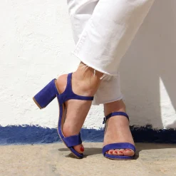 Clearance Sandales à talon cuir daim bleu Femme Sandales