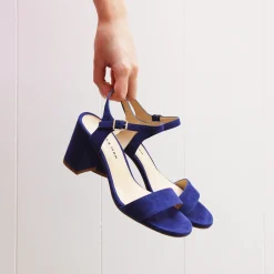 Clearance Sandales à talon cuir daim bleu Femme Sandales